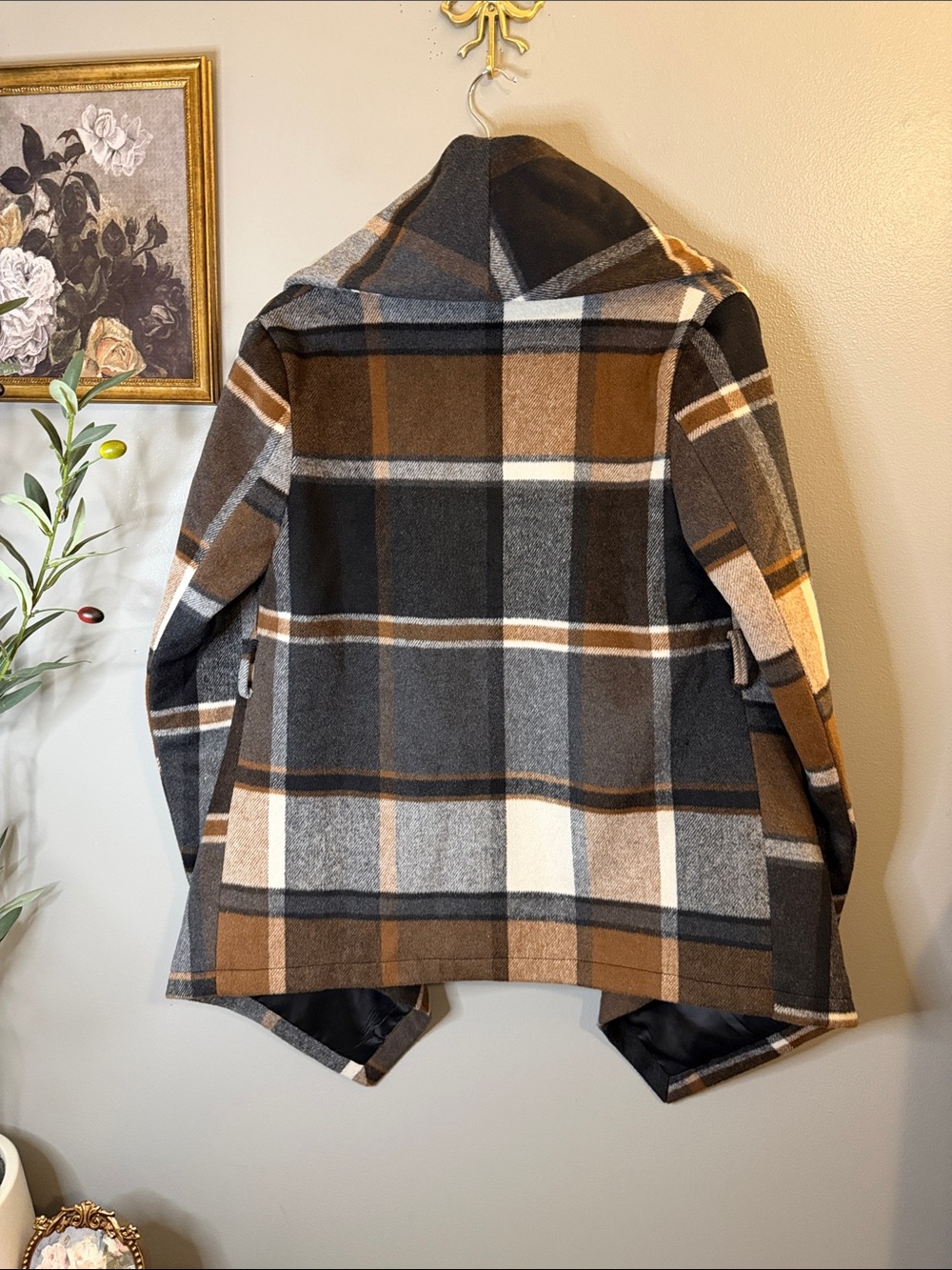 Chicwish Plaid Waterfall Jacket Wool Blend Open Front Drape Coat Brown Gray S - Picture 8 of 8